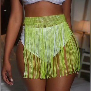 Neon Green Fringe‎ Rhinestone Skirt